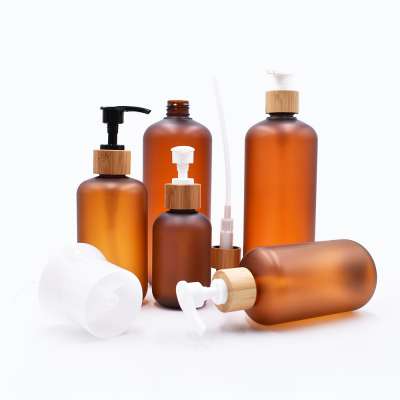 New products 120ml 250ml 500ml matte amber lotion bottle with bamboo pump shampoo bottle