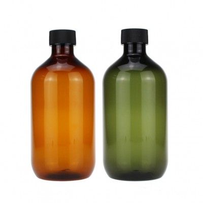 Dark green long neck plastic bottle for emulsion 300ml 500ml amber bottle with black cap for lotion