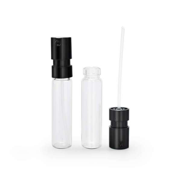 Cosmetic packaging travel pocket size 1ml 1.5ml  2ml spray perfume spray bottles with black white lid